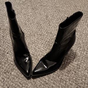 Nine West Shiny Black Pointed Block Heeled Boots